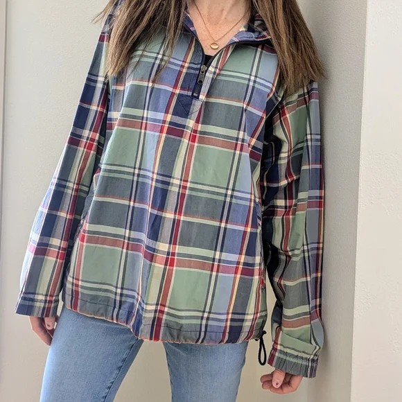 Vintage Eddie Bauer Plaid Hooded Quarter Zip Windbreaker Jacket In Green/Navy - Picture 1 of 6